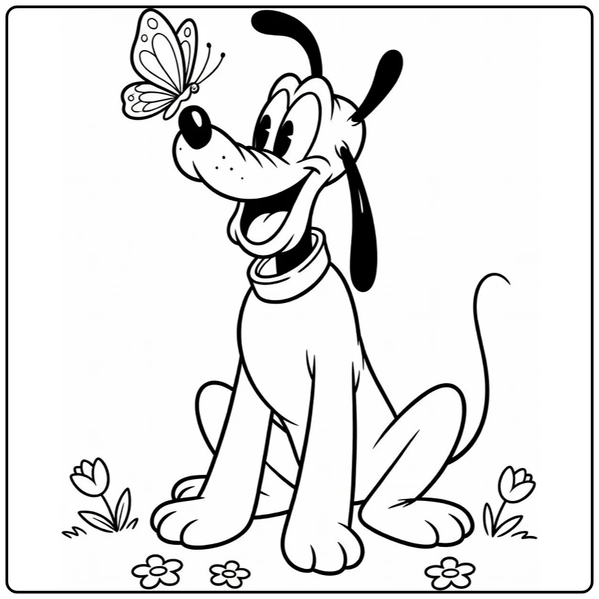 Pluto kleurplaat: vlinder op neus, schele ogen, bloemen