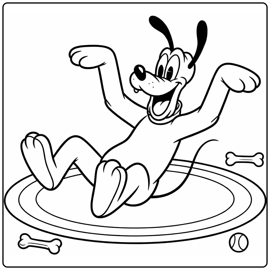 Pluto kleurplaat: op rug met pootjes omhoog, blij
