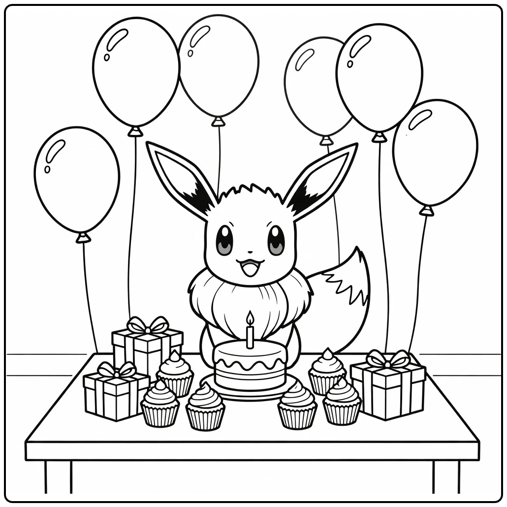 pokemon verjaardag kleurplaat Eevee aan tafel met taart en cadeaus