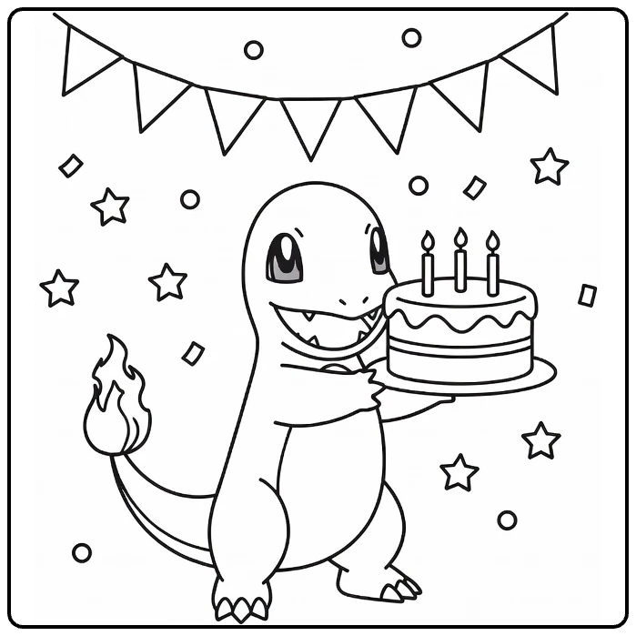 pokemon verjaardag kleurplaat Charmander draagt taart