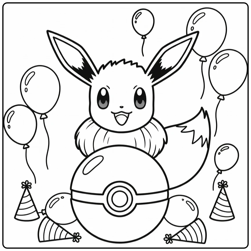 pokemon verjaardag kleurplaat met Eevee en Pokébal taart