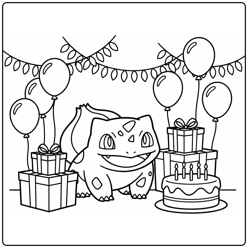 pokemon verjaardag kleurplaat Bulbasaur met taart en cadeaus