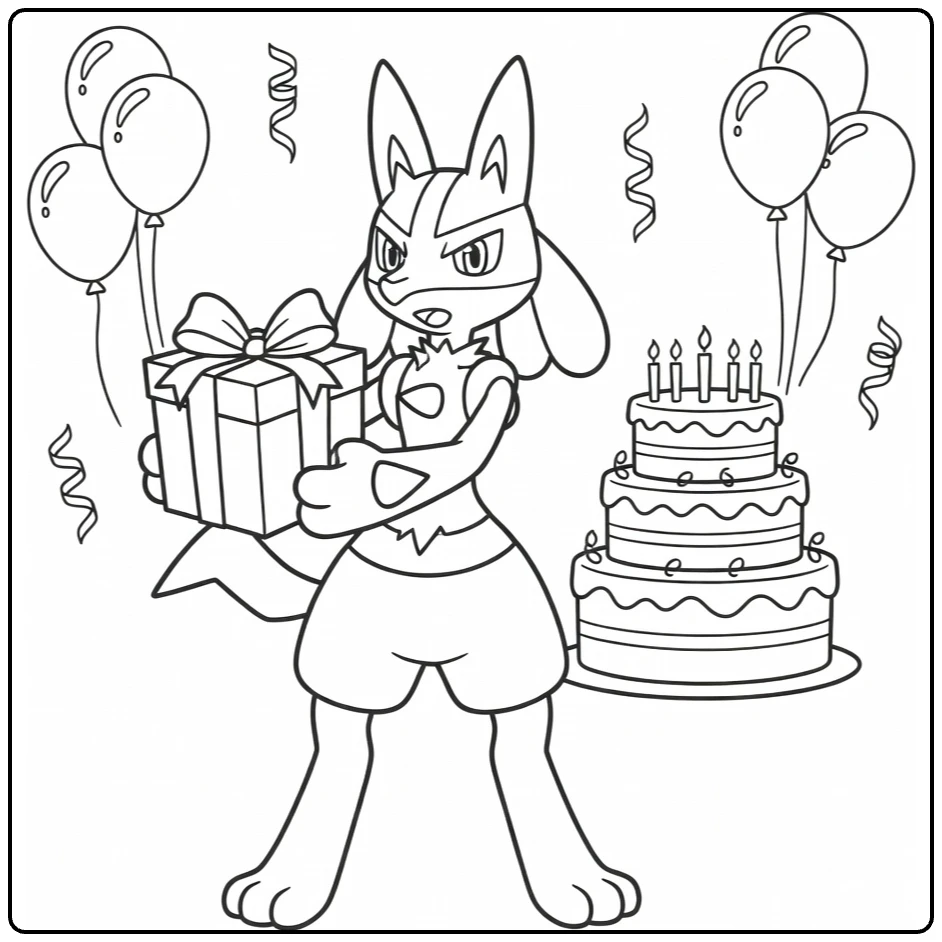 pokemon verjaardag kleurplaat Lucario met cadeau en taart