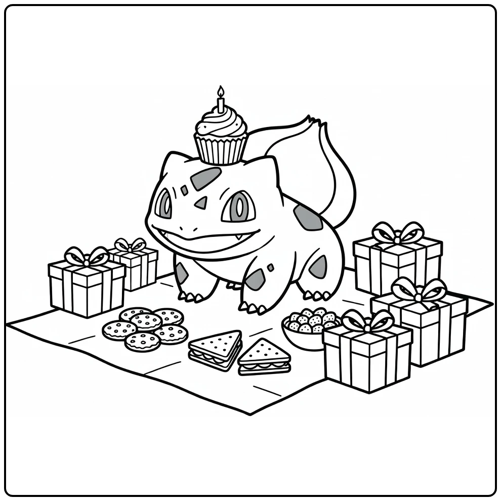 pokemon verjaardag kleurplaat Bulbasaur met cupcake