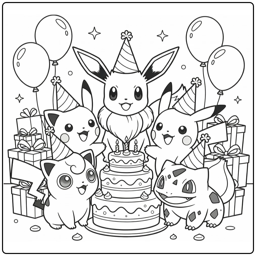 Pokemon verjaardag kleurplaat Eevee en vrienden bij taart