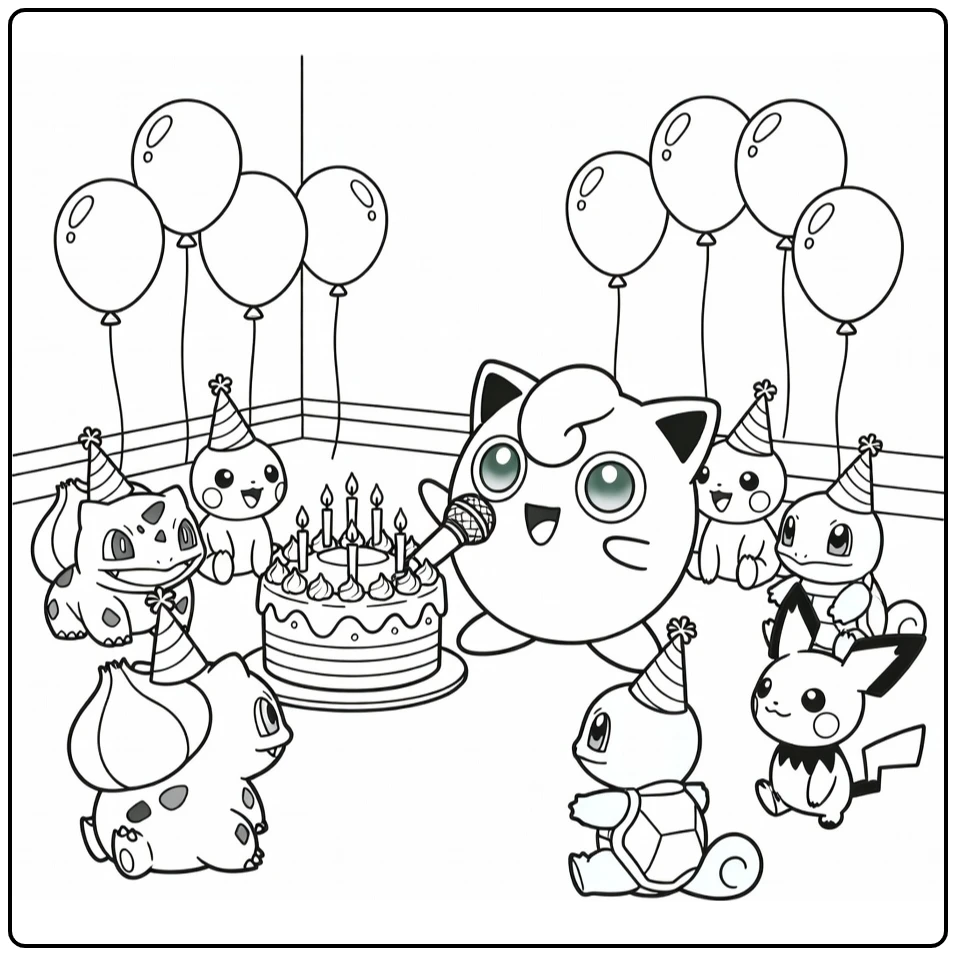 pokemon verjaardag kleurplaat Jigglypuff zingt bij taart