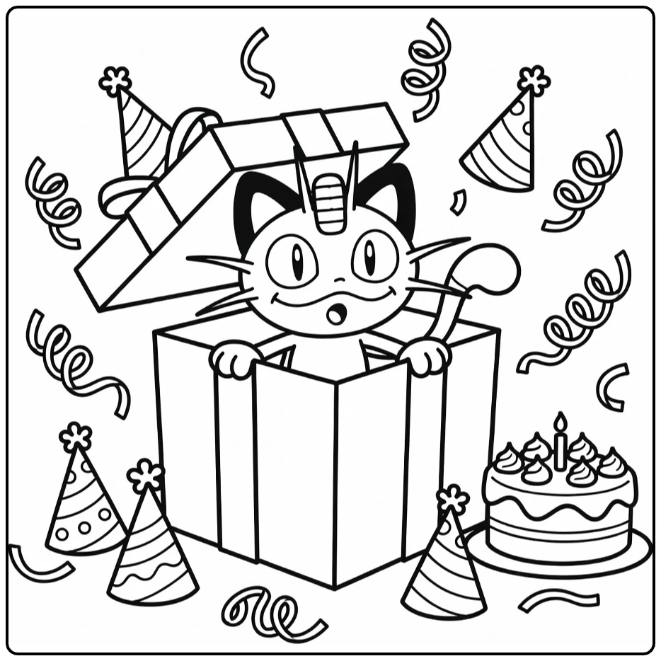 pokemon verjaardag kleurplaat Meowth gluurt uit cadeaudoos