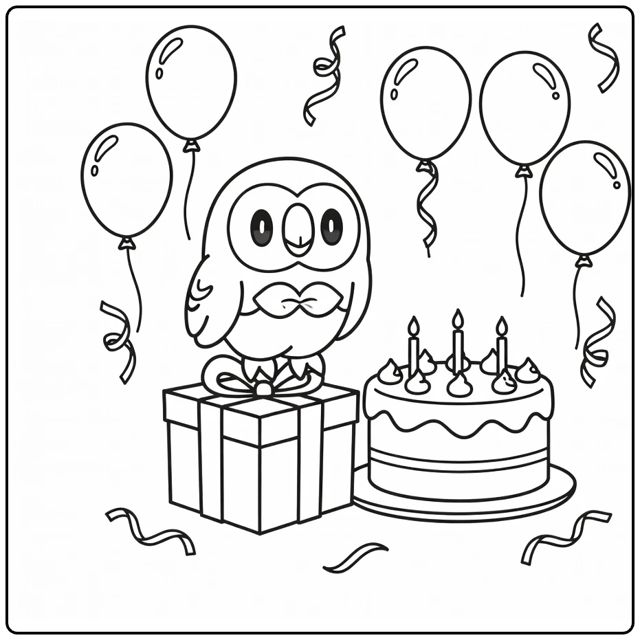 pokemon verjaardag kleurplaat Rowlet op cadeau bij taart