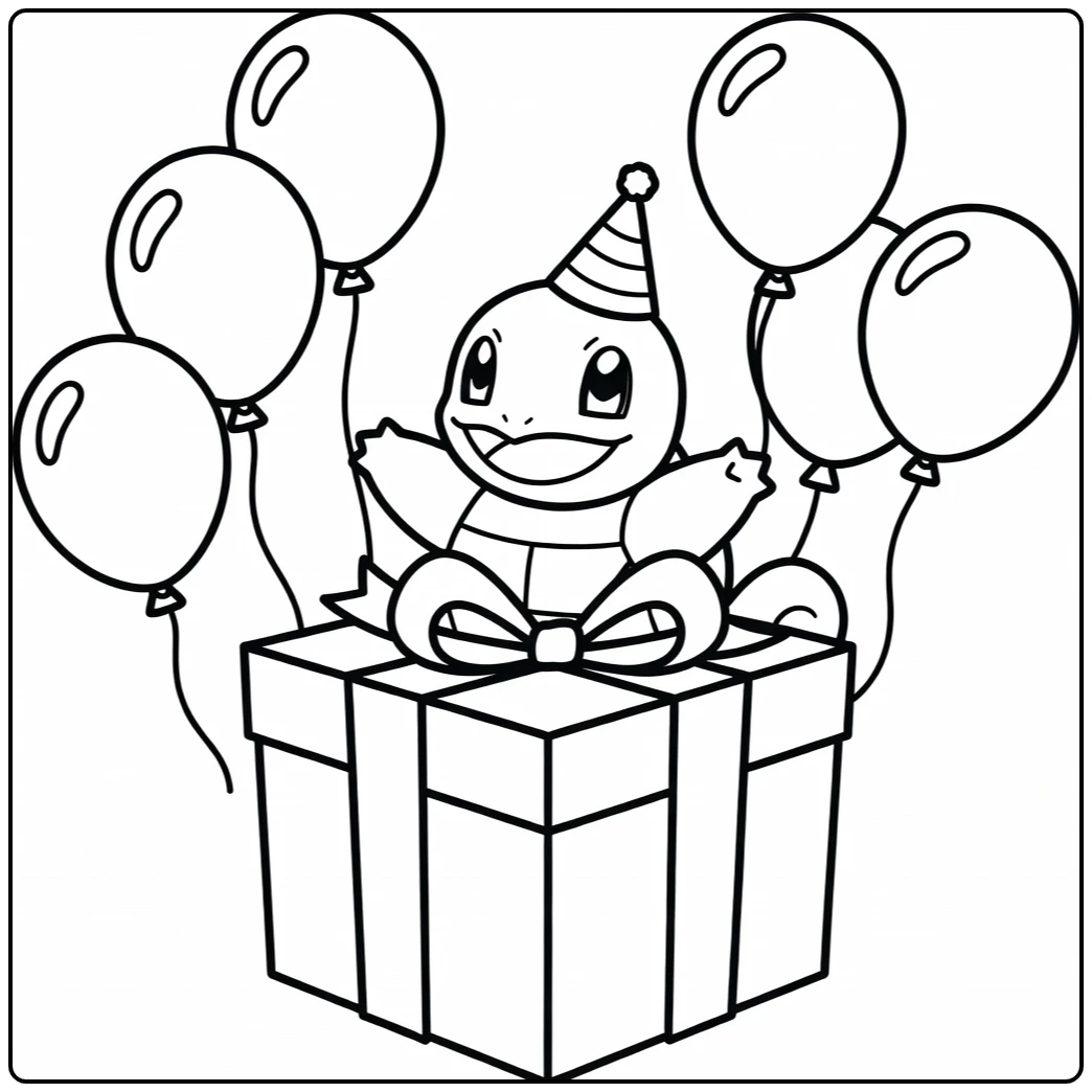 pokemon verjaardag kleurplaat Squirtle achter groot cadeau
