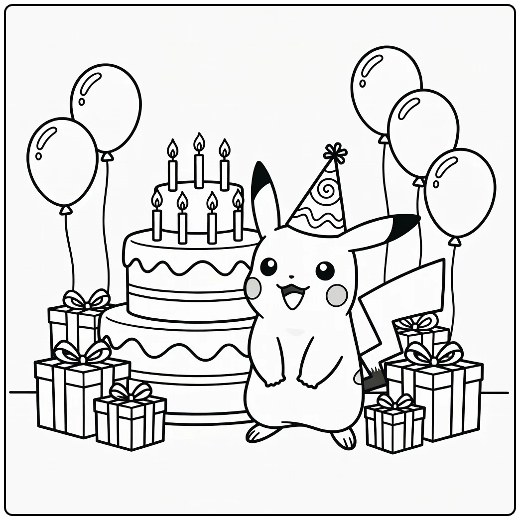 pokemon verjaardag kleurplaat Pikachu met hoedje bij taart