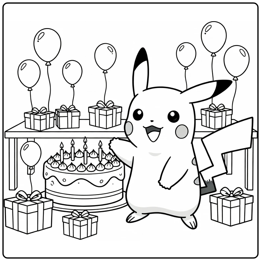 pokemon verjaardag kleurplaat met Pikachu bij taart en ballonnen