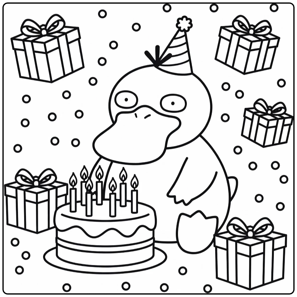 Pokemon verjaardag kleurplaat: Psyduck met feestmuts bij taart