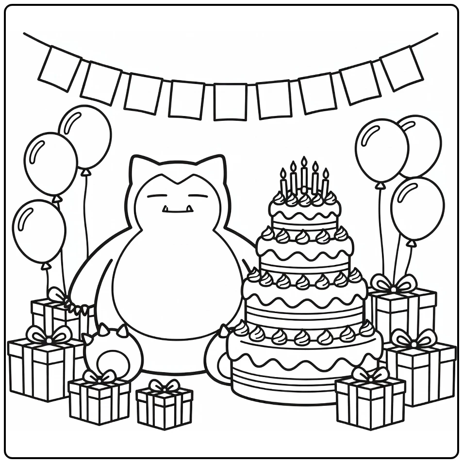 pokemon verjaardag kleurplaat met Snorlax en taart