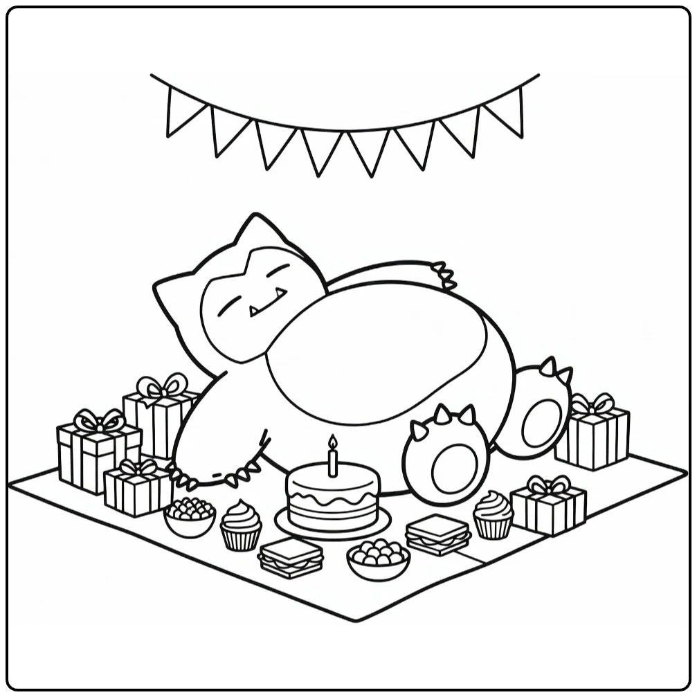 pokemon verjaardag kleurplaat Snorlax bij picknick met taart