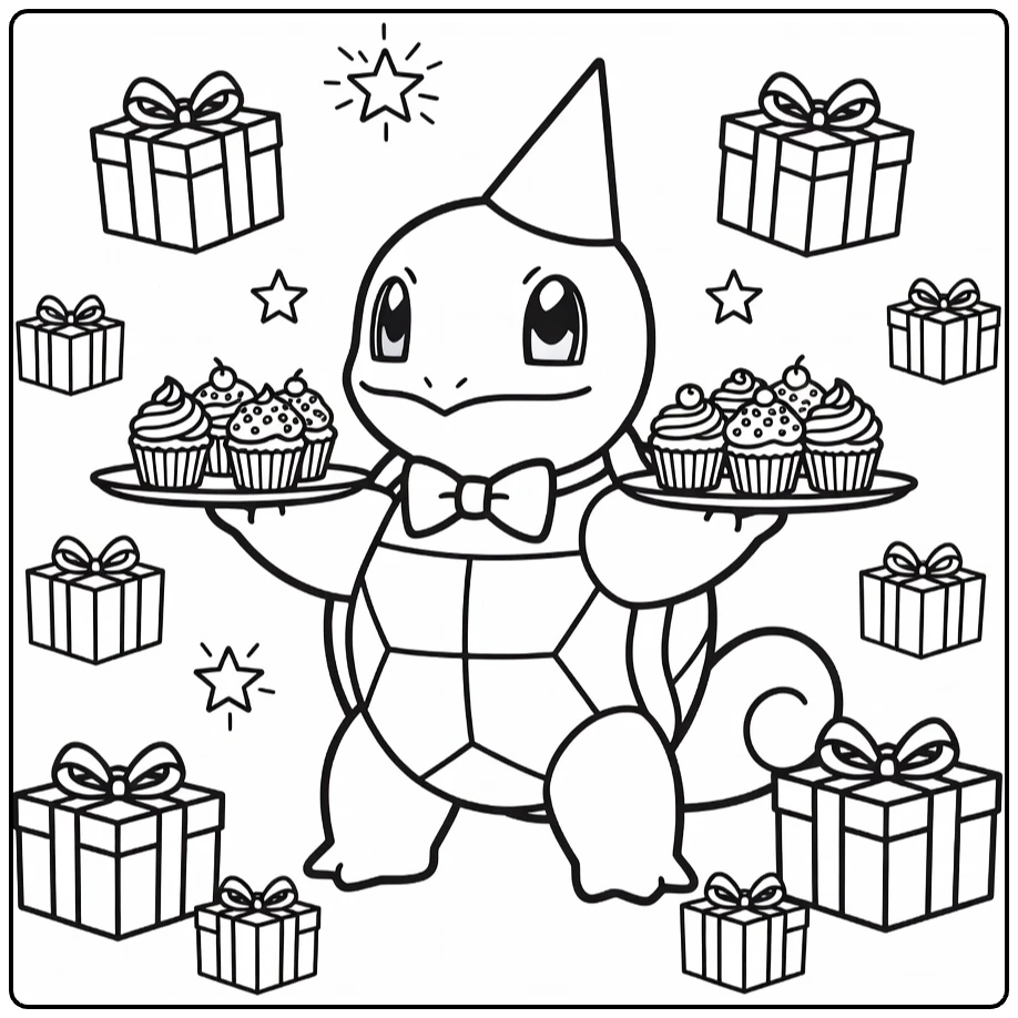 pokemon verjaardag kleurplaat Squirtle met vlinderdas partymuts cupcakes