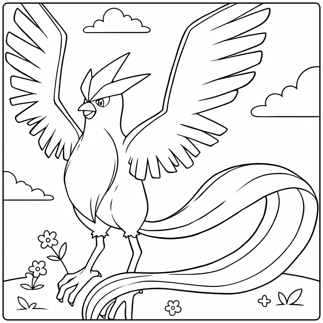 Articuno Kleurplaat met vleugels wolken bloemen