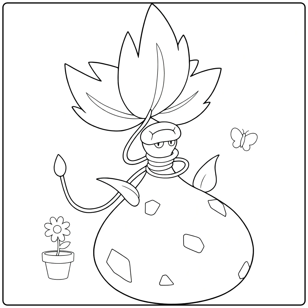 Mega Victreebel Kleurplaat met vlinder en bloem in pot
