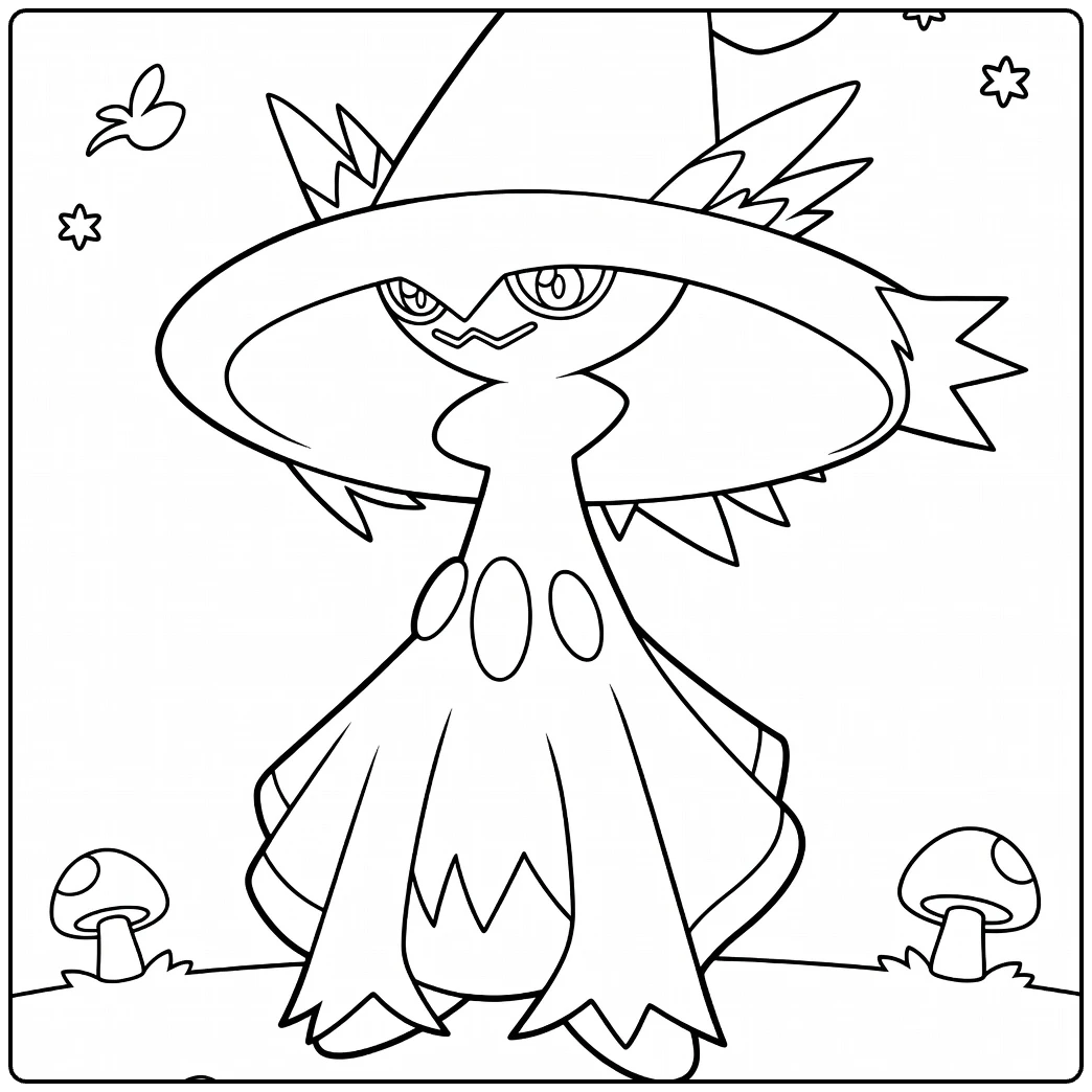 Mismagius Kleurplaat met maan, sterren en paddenstoelen