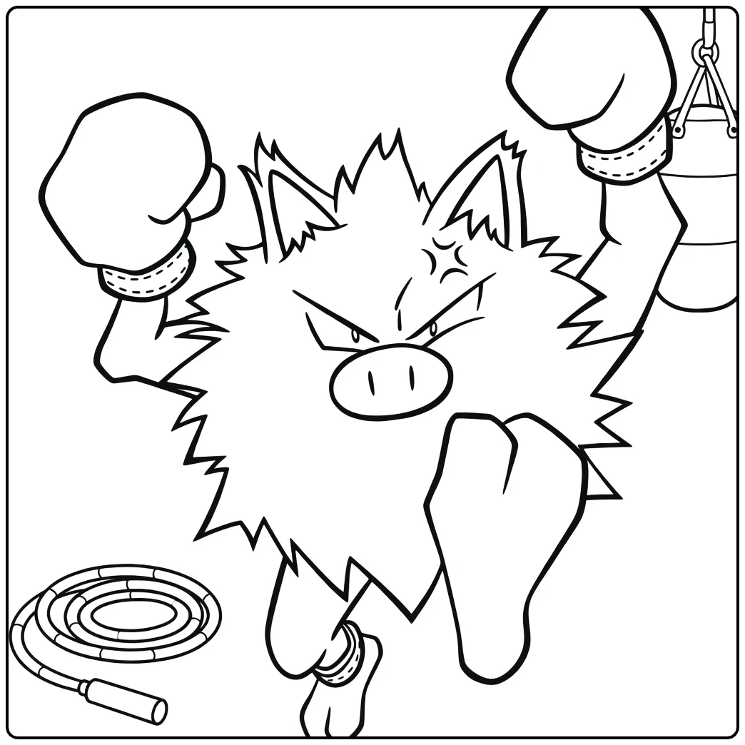 Primeape Kleurplaat: boze Pokémon bokser met handschoenen