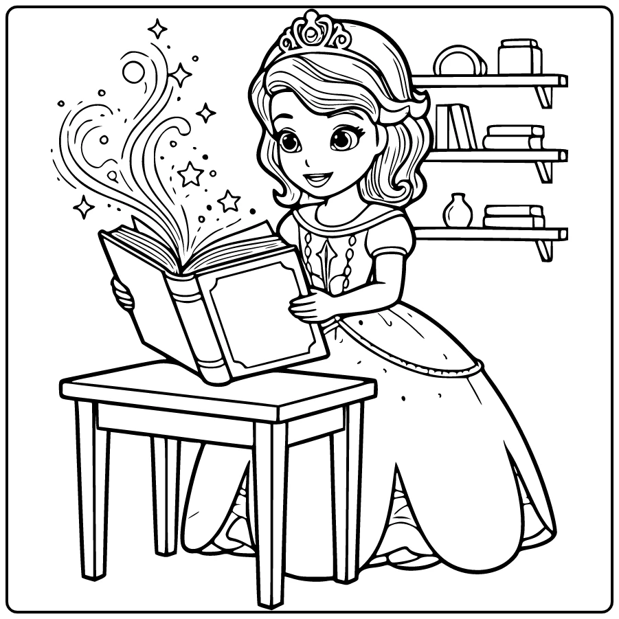 prinses sofia kleurplaat: sofia opent magisch boek aan tafeltje