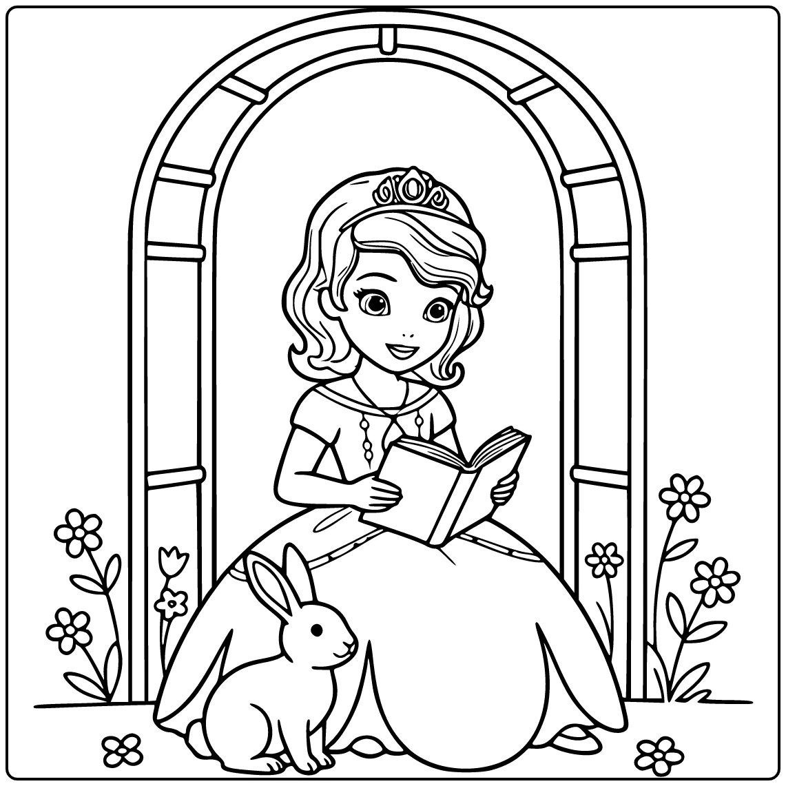 Prinses Sofia kleurplaat: zit onder tuinboog leest boek
