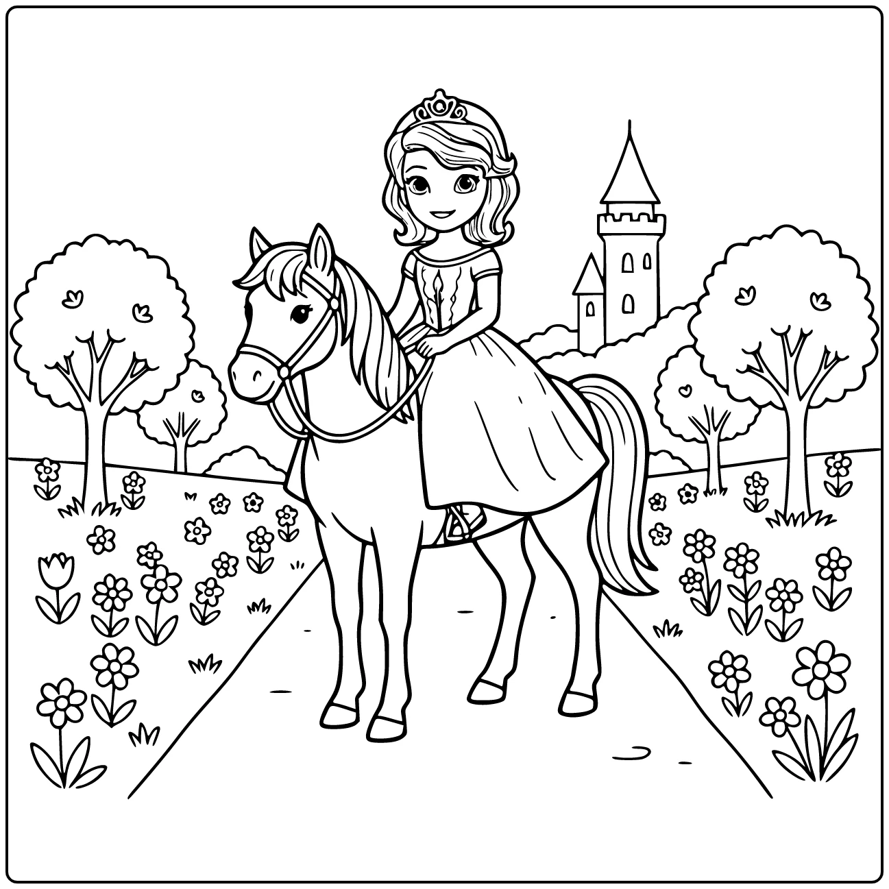 prinses sofia kleurplaat: sofia op pony tuinpad