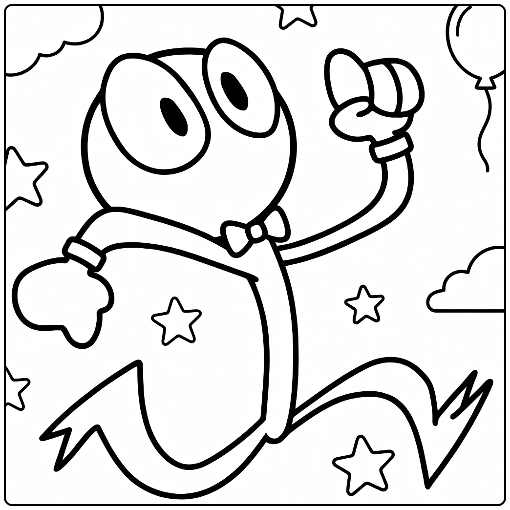 Purple Rainbow Friends Kleurplaat with stars clouds balloon