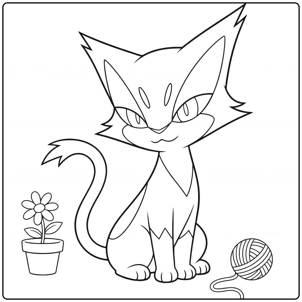 Purrloin Kleurplaat: sluwe Pokémon kat met bloem en wol