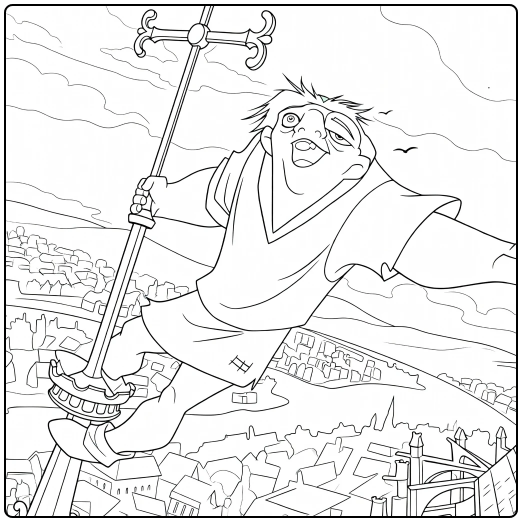 Quasimodo Kleurplaat van gebochelde met kruis op toren