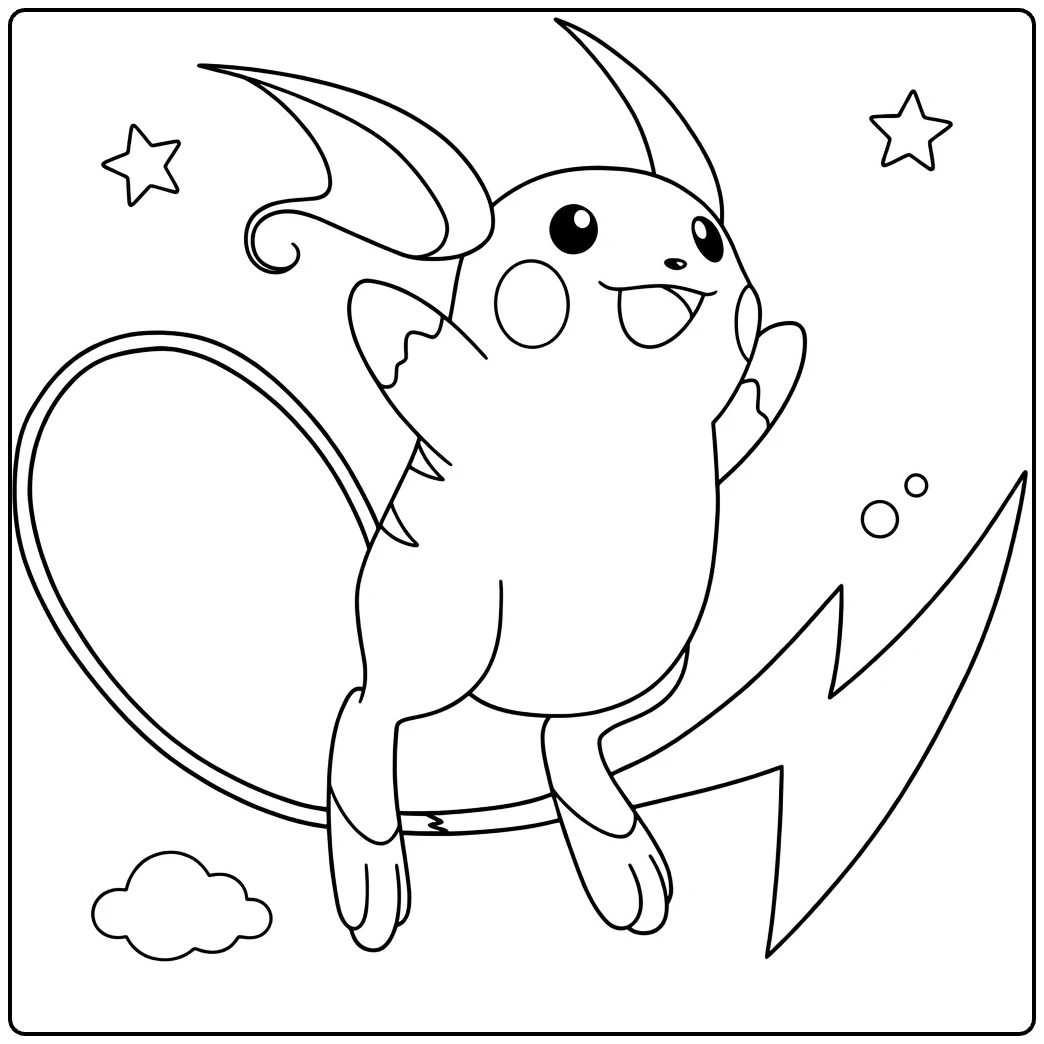Raichu Kleurplaat: springende Raichu met bliksem en sterren