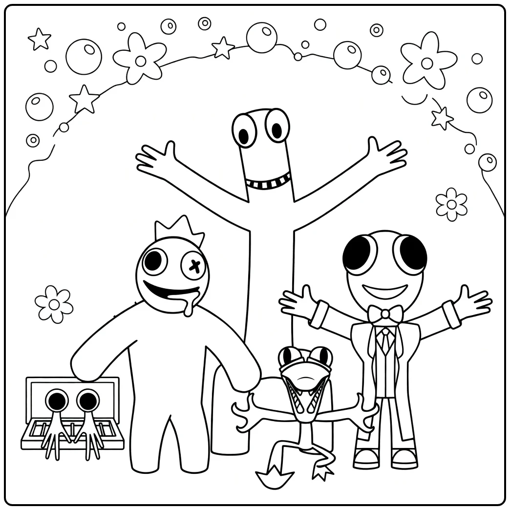 Rainbow Friends Kleurplaat met monsters sterren en bloemen