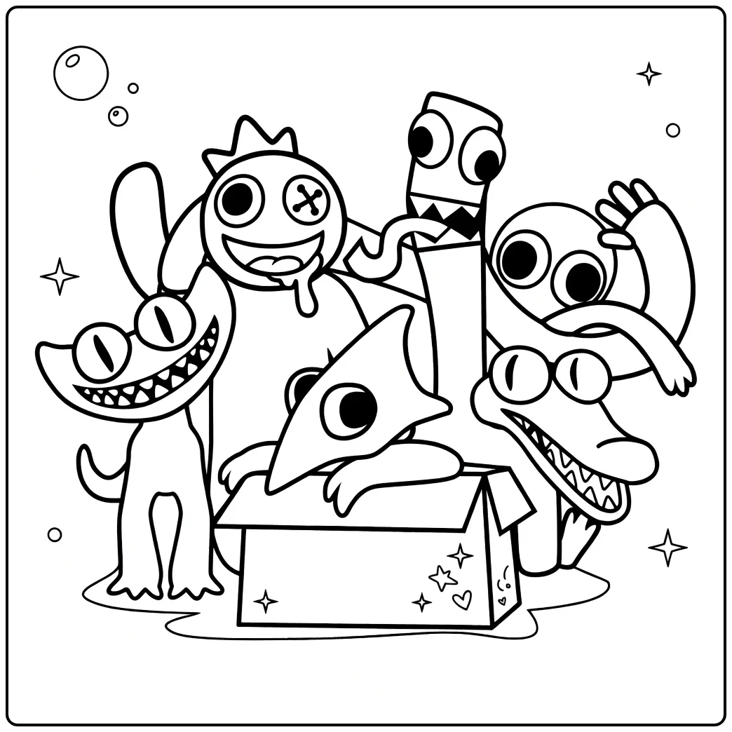 Rainbow Friends Kleurplaat met monsters uit doos