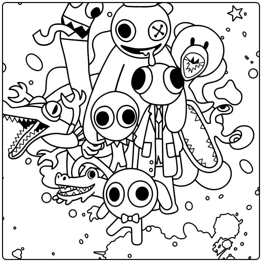 Rainbow Friends Kleurplaat met grappige wezens en krokodillen