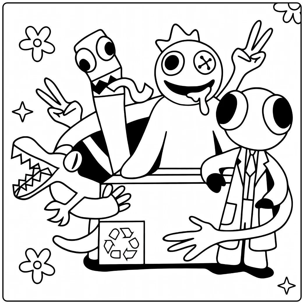 Rainbow Friends Kleurplaat met twee cartoonmonsters en bloemen