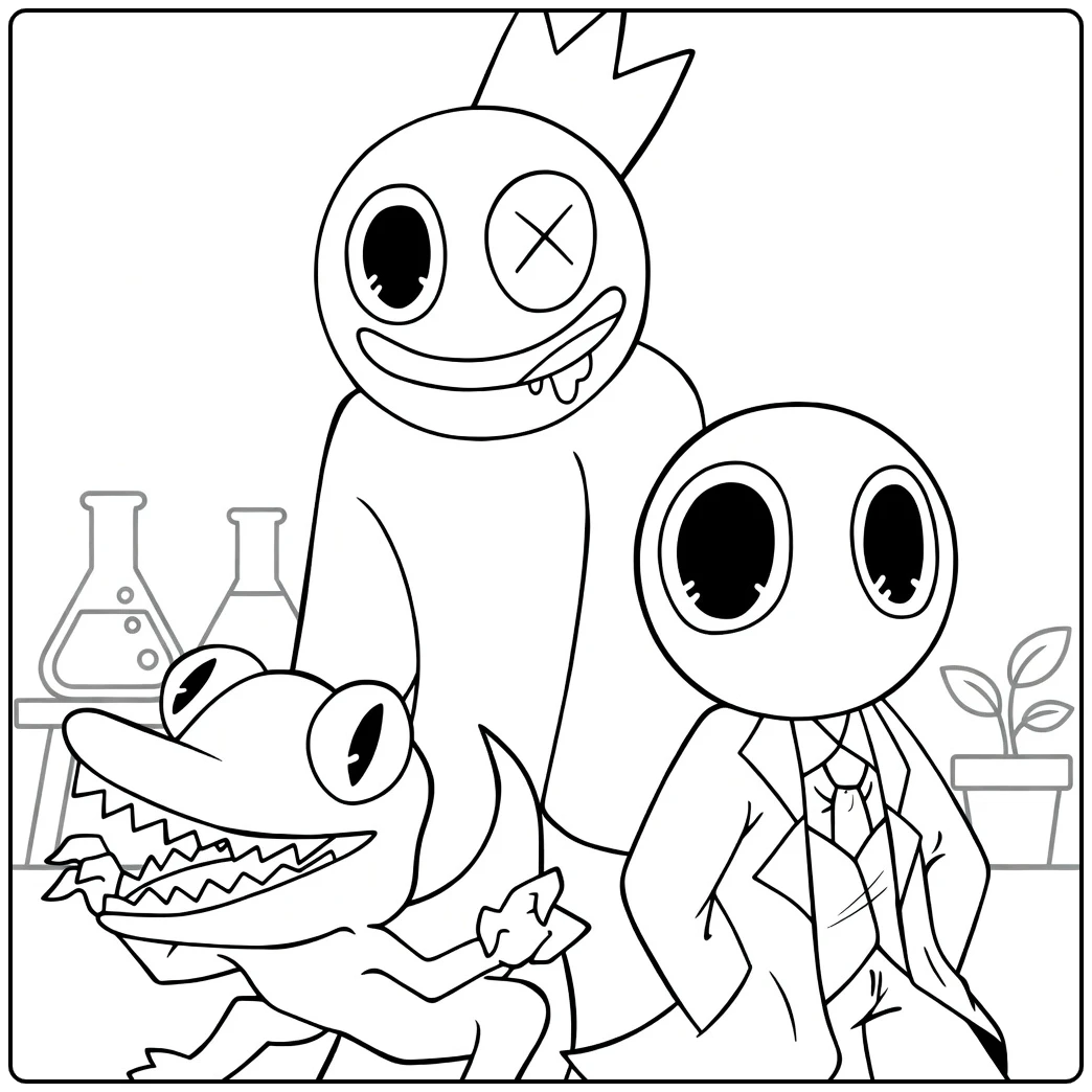 Rainbow Friends Kleurplaat met monsters in een lab