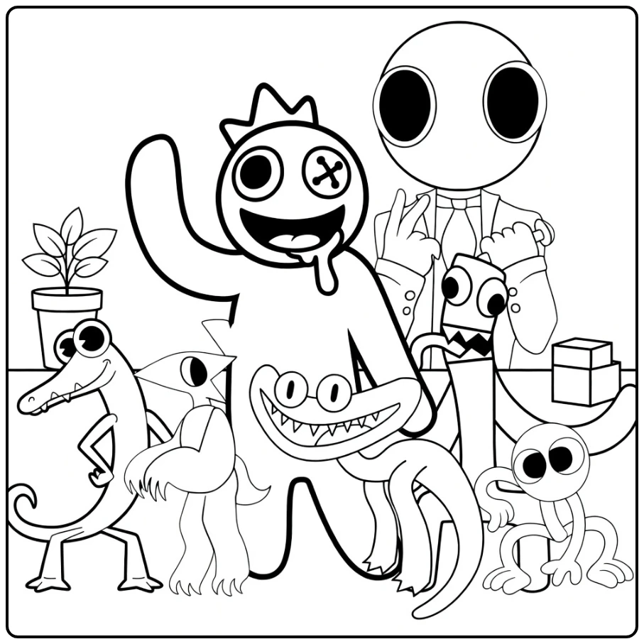 Rainbow Friends Kleurplaat met cartoon monsters en figuren