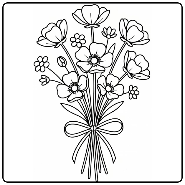 Ranonkel kleurplaat boeket boterbloemen met lint