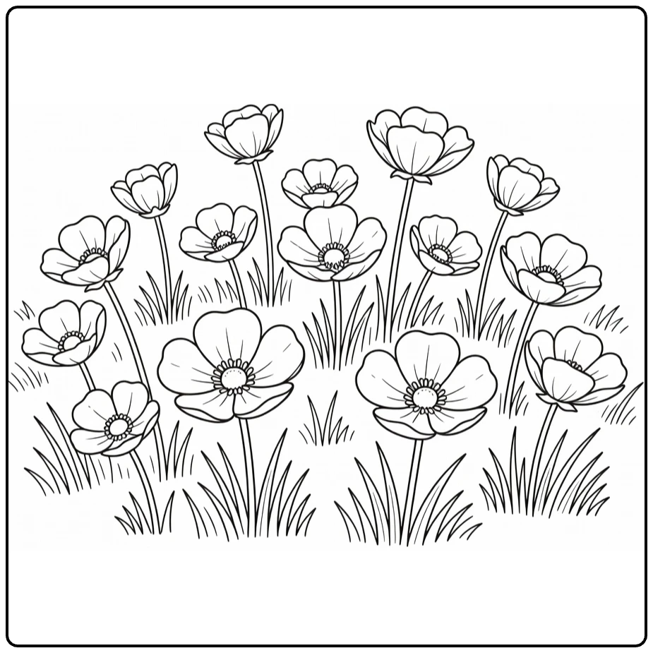 Ranonkel kleurplaat met verspreide boterbloemen in kort gras