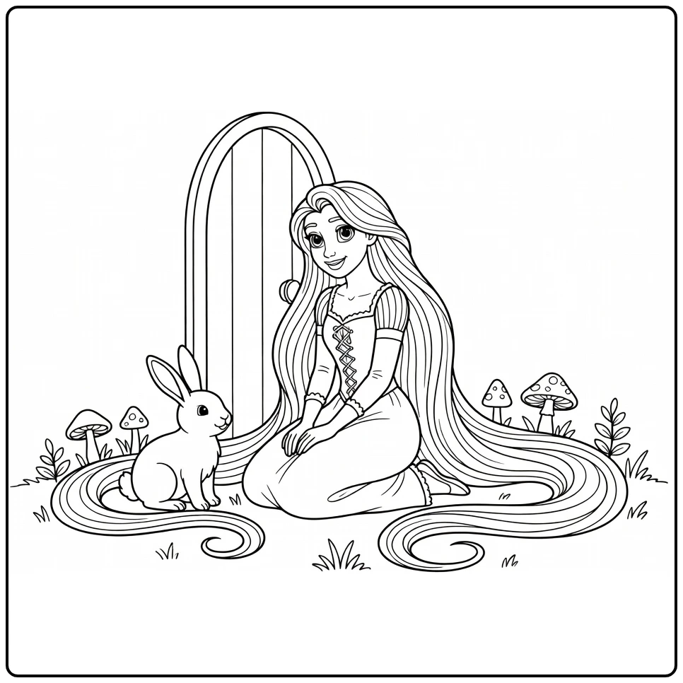 Rapunzel kleurplaat: knielt bij konijn bij toren met haar op gras