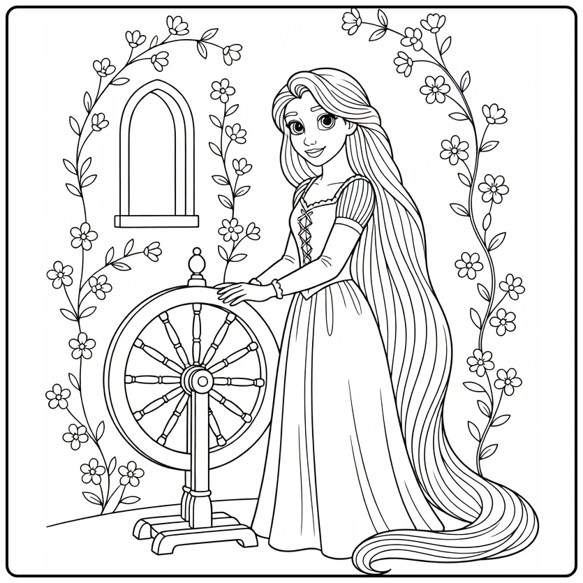 Rapunzel kleurplaat met spinnewiel in torenkamer en bloemen