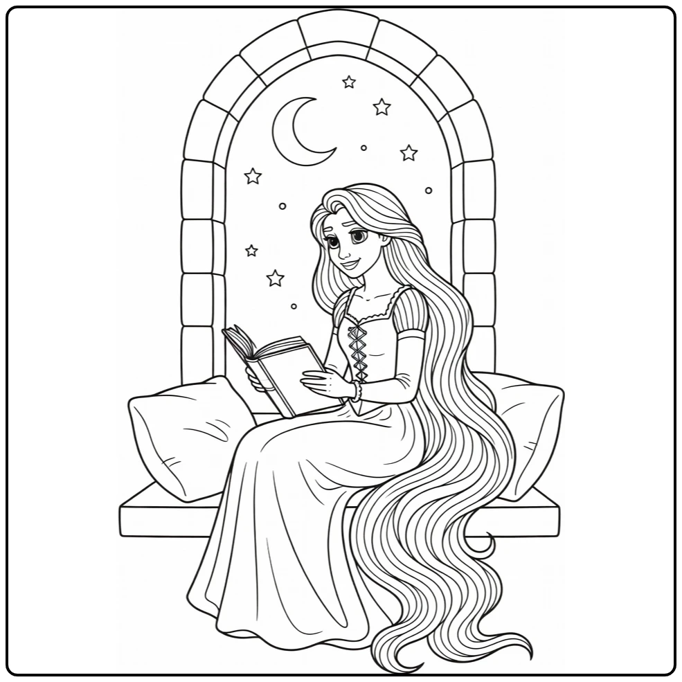 Rapunzel kleurplaat: leest bij torenraam met lang haar