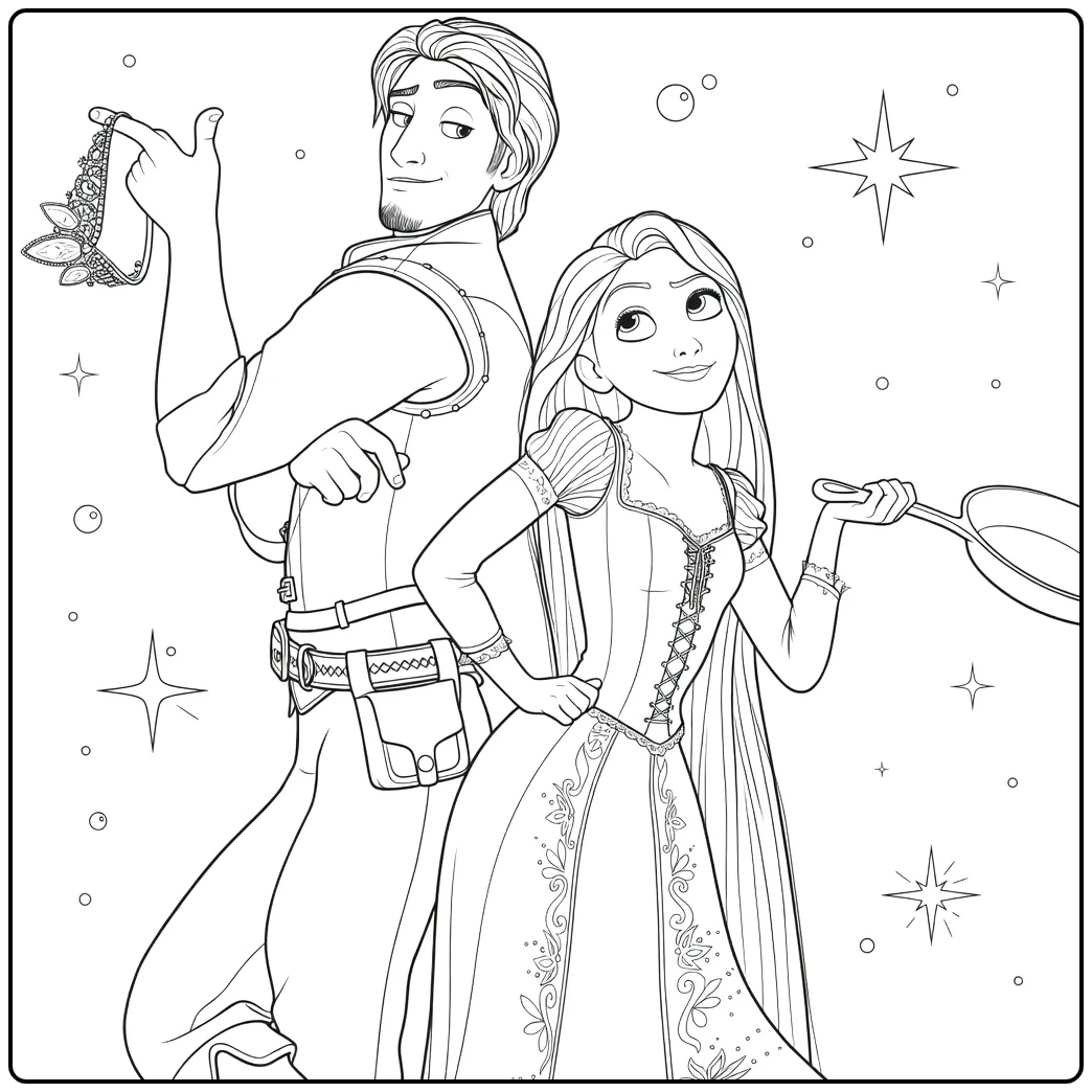 rapunzel kleurplaat man tiara vrouw koekenpan