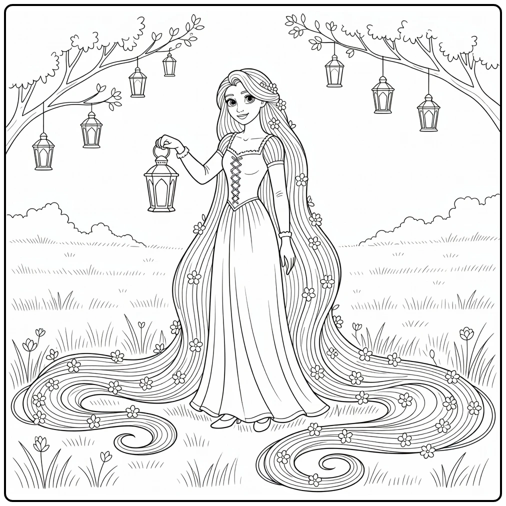 Rapunzel kleurplaat in wei met lantaarn en bloemenhaar