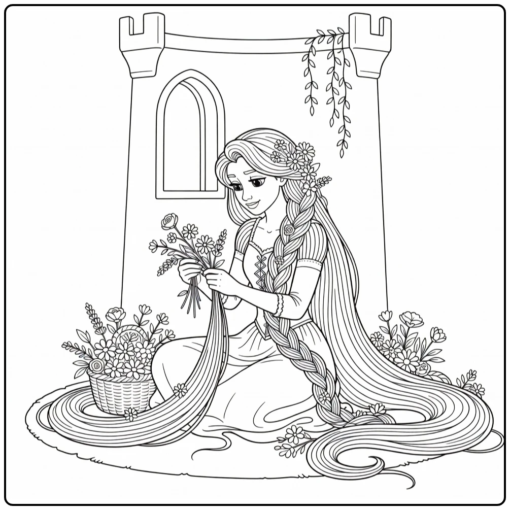 Rapunzel kleurplaat: vlecht bloemen in lang haar in toren