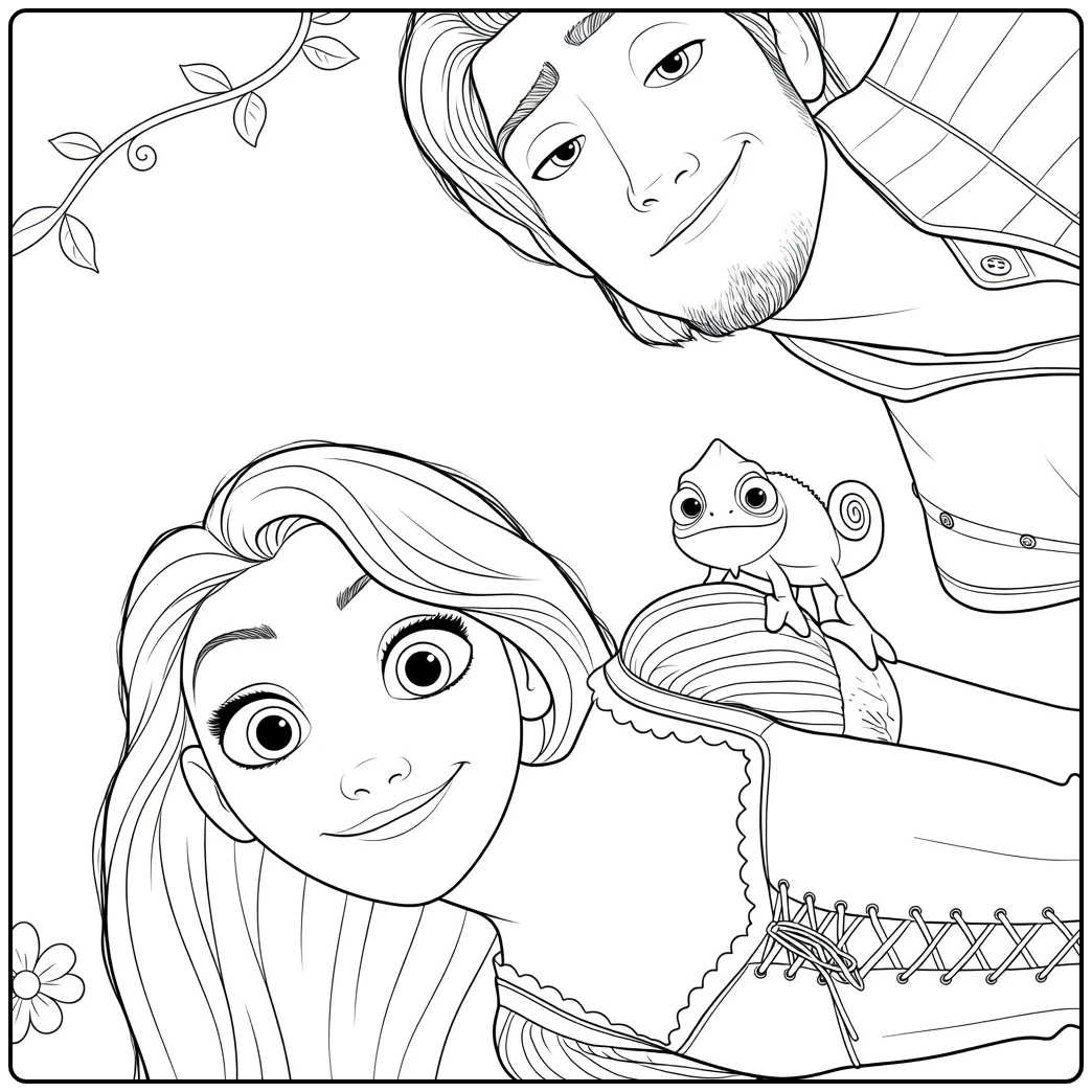 Rapunzel kleurplaat: liggende vrouw met man en kameleon
