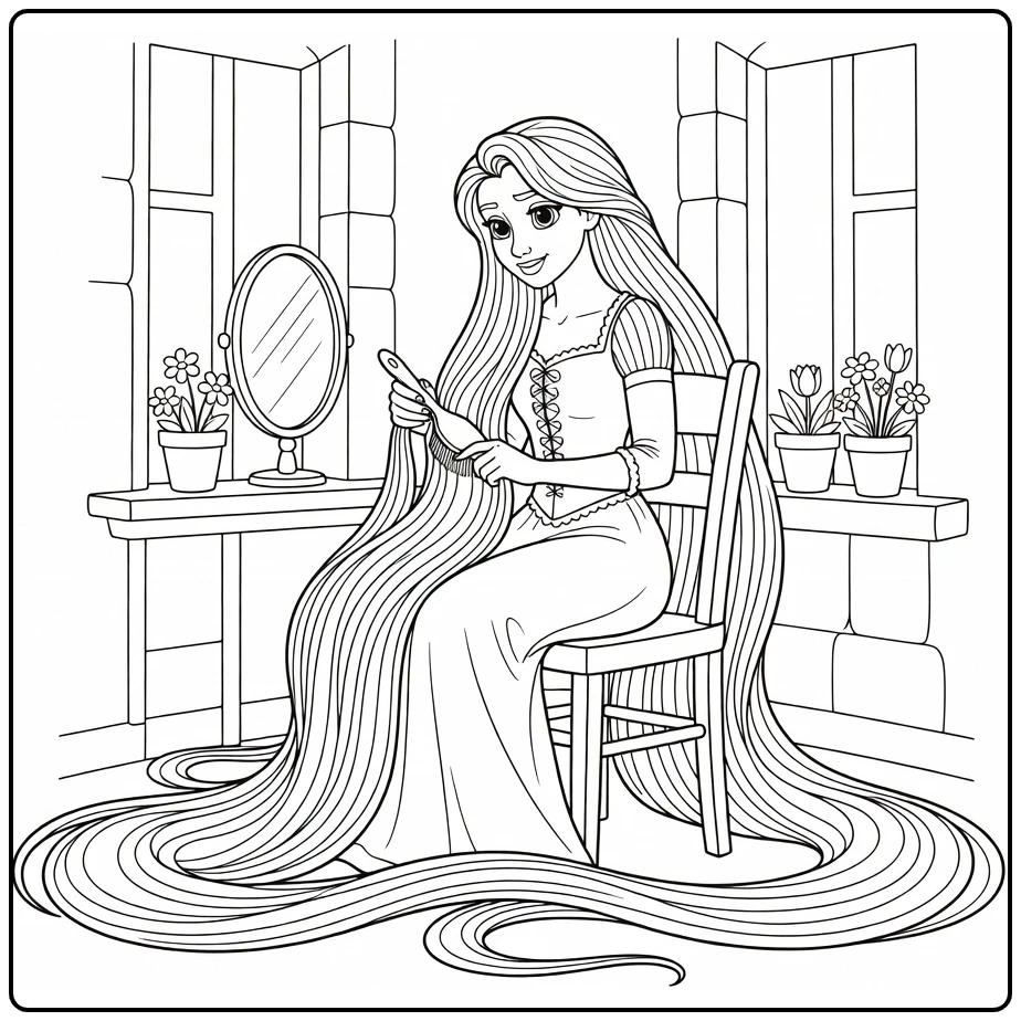 Rapunzel kleurplaat: kamt lange haar in torenkamer
