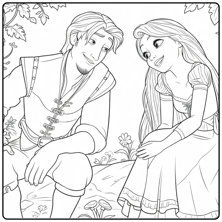 Rapunzel kleurplaat: prinses lang haar prins op rots bos