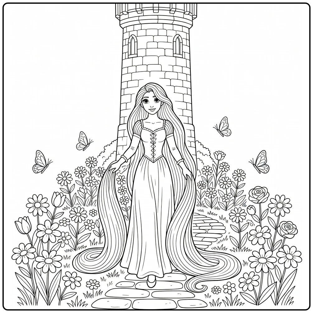 Rapunzel kleurplaat: Rapunzel in tuin bij toren met vlinders