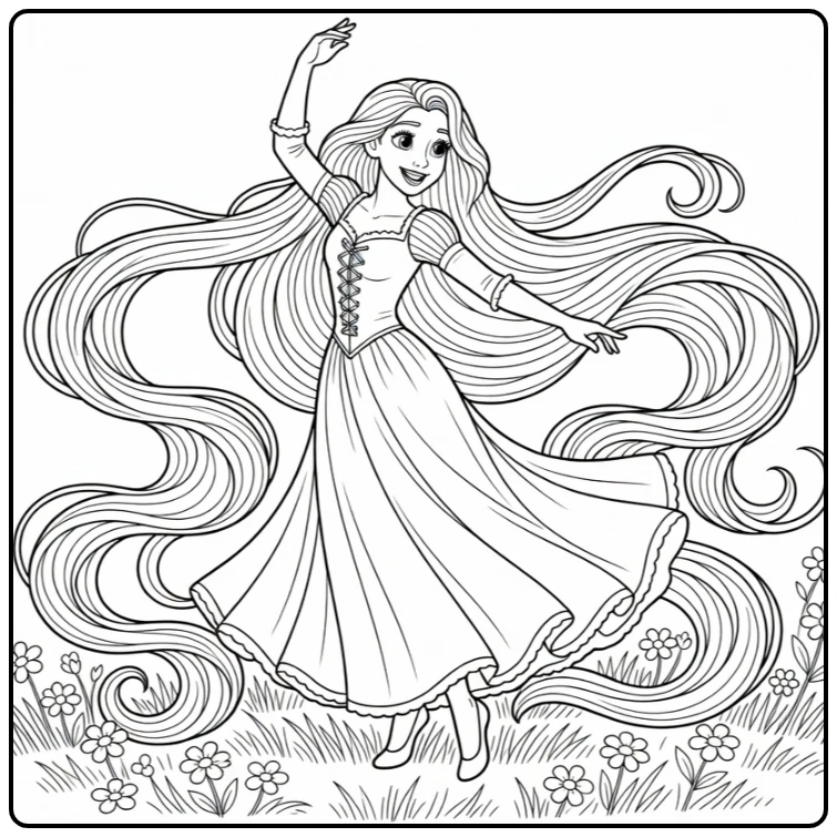 Rapunzel kleurplaat: dansende Rapunzel met wapperend haar