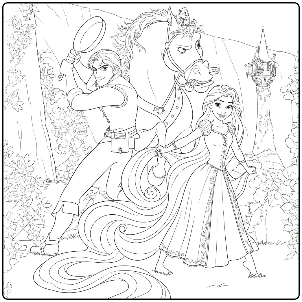 Rapunzel kleurplaat: man met pan, steigerend paard